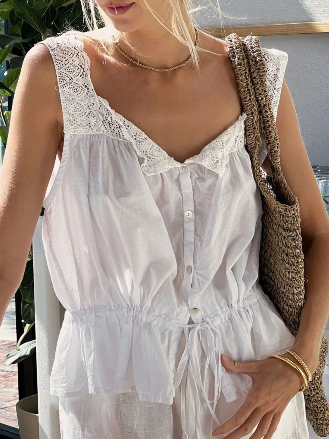 Lace Detail Drawstring Tank - cas7m