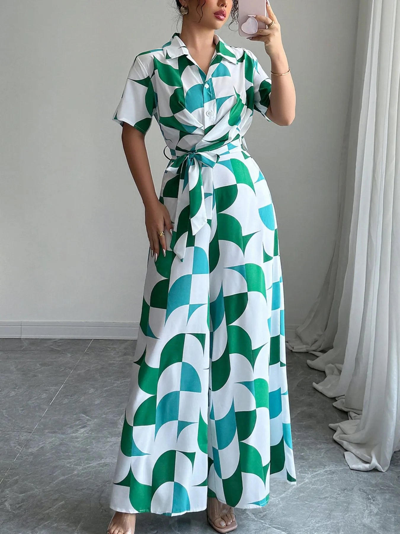 Printed Wide Leg Belted Jumpsuit - cas7m