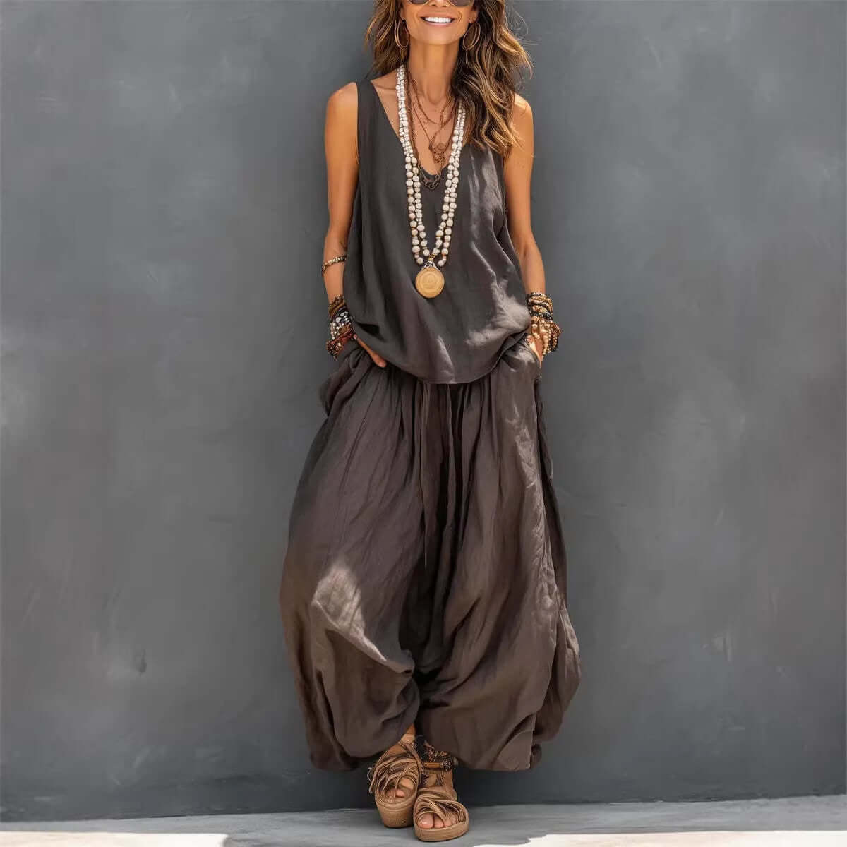Womens Solid-Colored Casual Sleeveless Tank Top And Wide-Leg Pants Cotton-Linen Set For Daily Wear Holiday Outfit - cas7m
