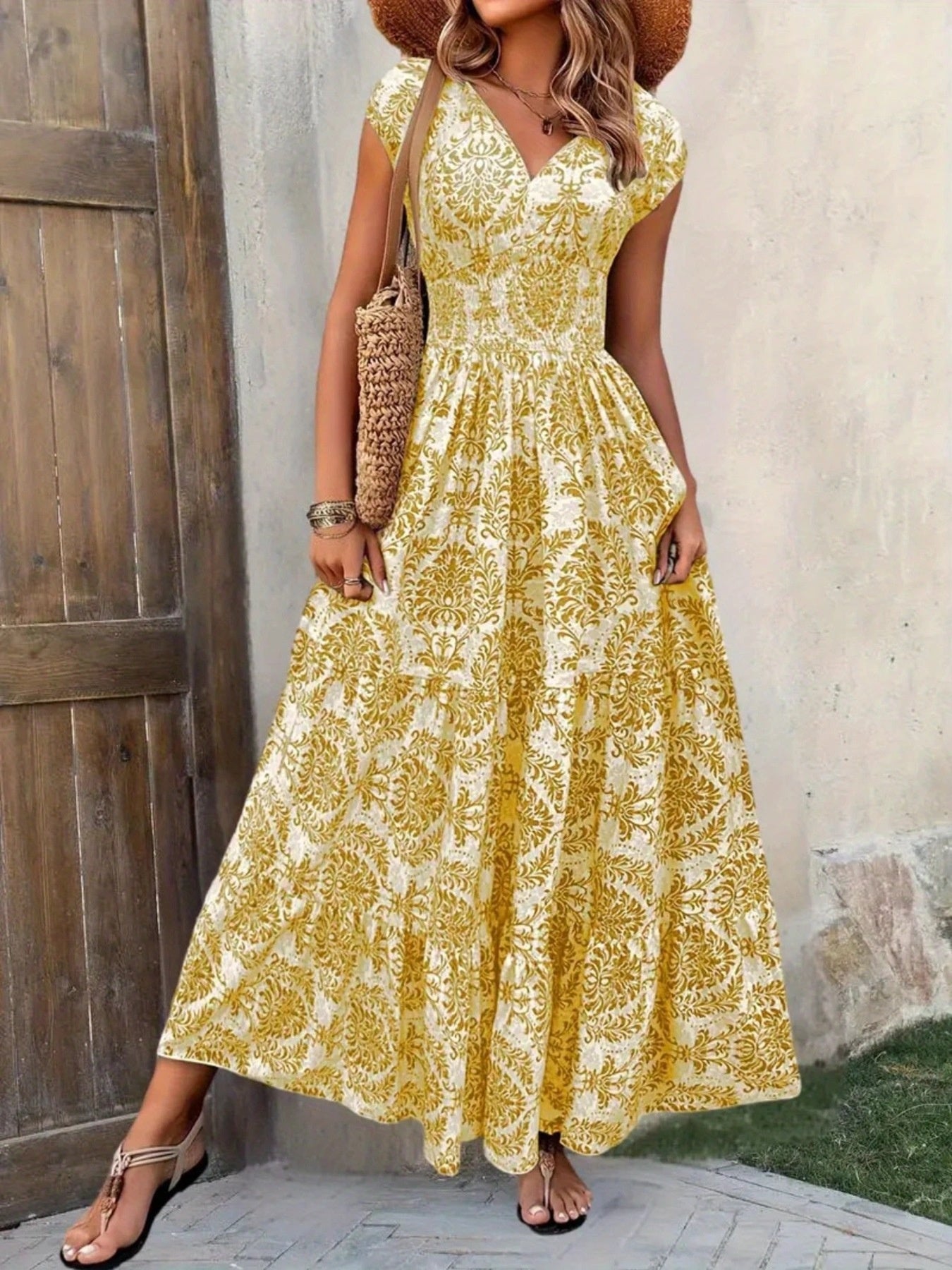 Smocked Tiered Maxi Dress - Chic Polyester Statement - cas7m
