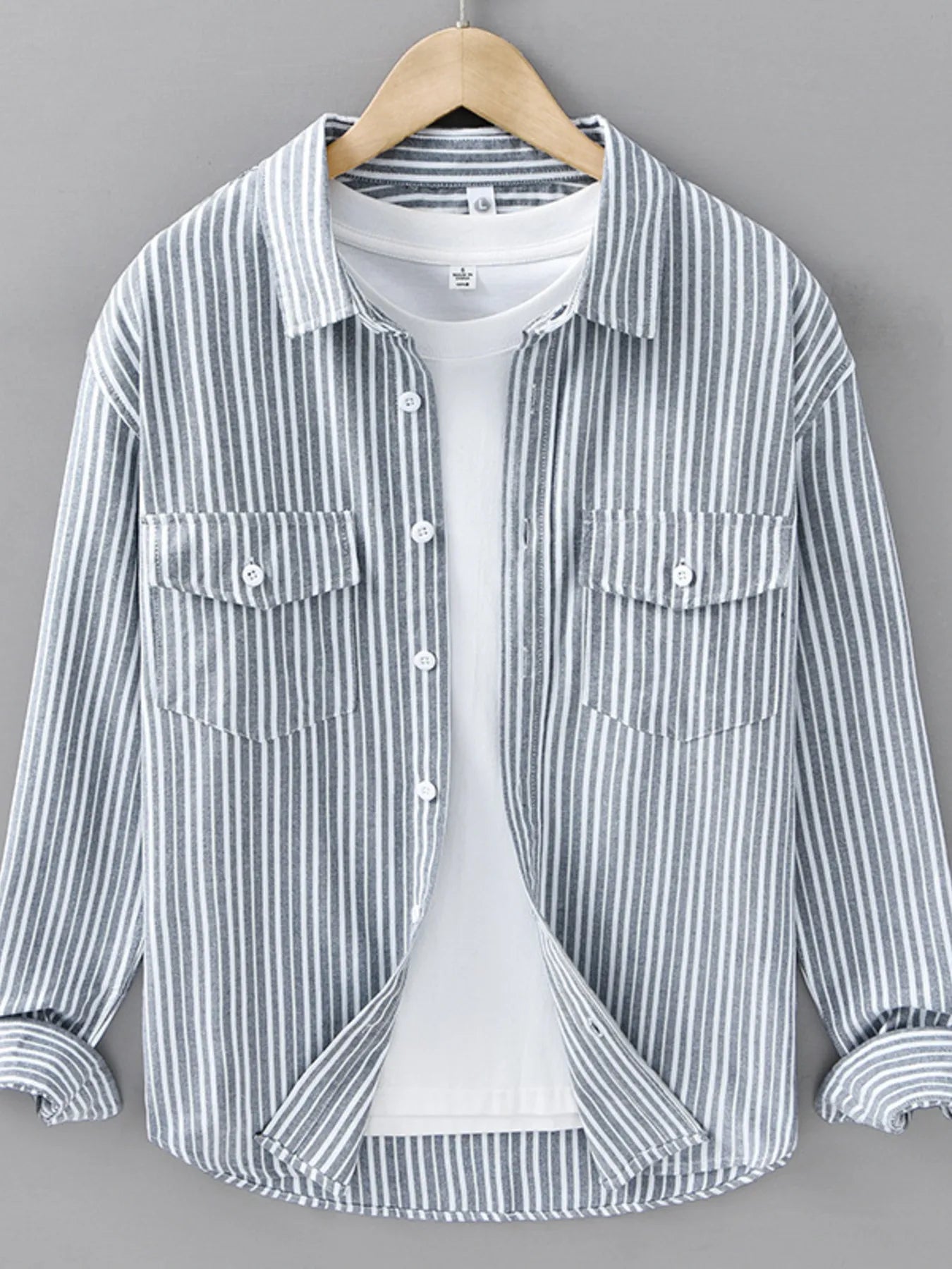 Men's Plus Size Striped Casual Long Sleeve Shirt - cas7m