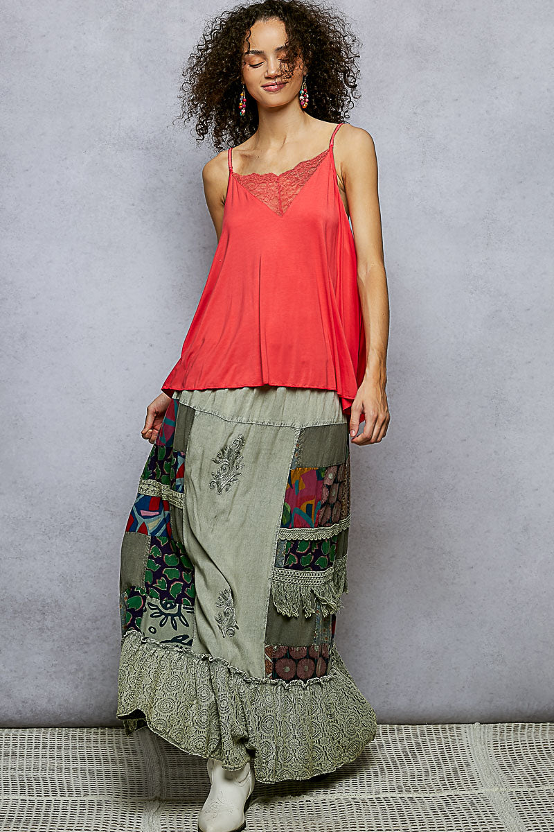 POL Printed Patchwork Embroidered Ruffled Skirt - cas7m
