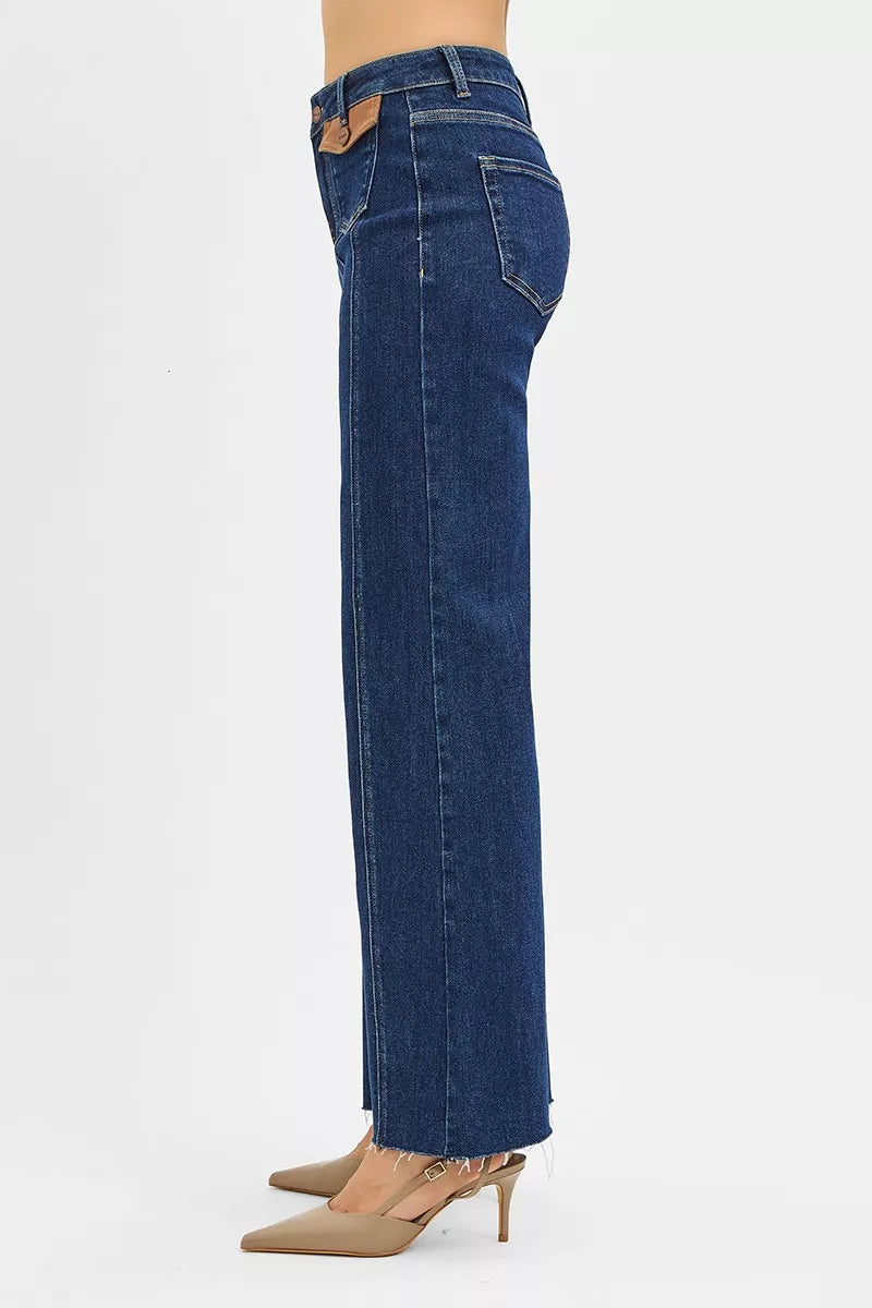 RISEN High Rise Wide Flare Jeans with Front Leather Pocket Detail - cas7m