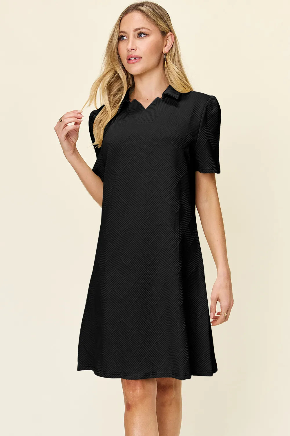 Double Take Full Size Texture Collared Neck Short Sleeve Dress - cas7m