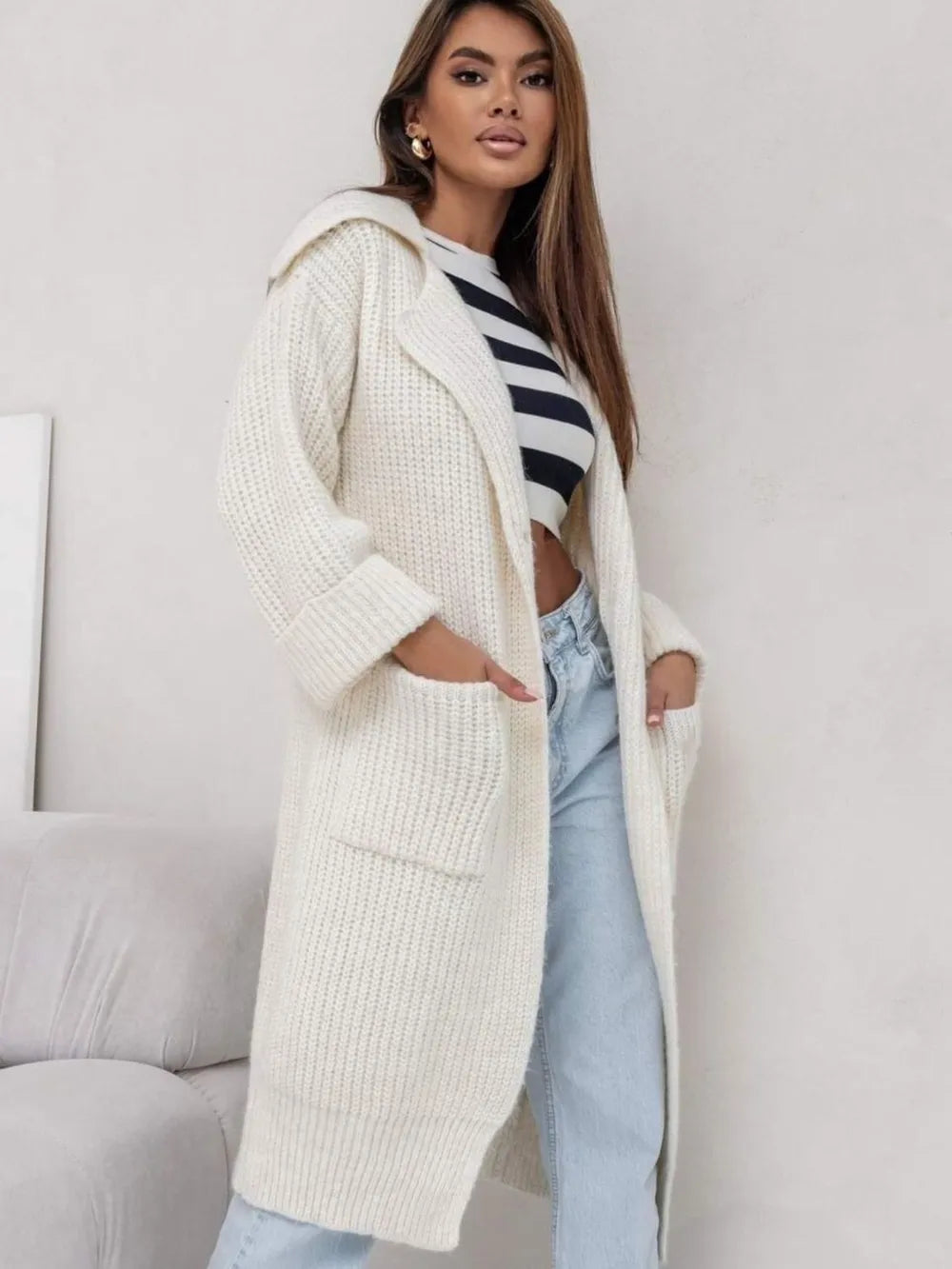 Pocketed Collared Neck Dropped Shoulder Cardigan - cas7m