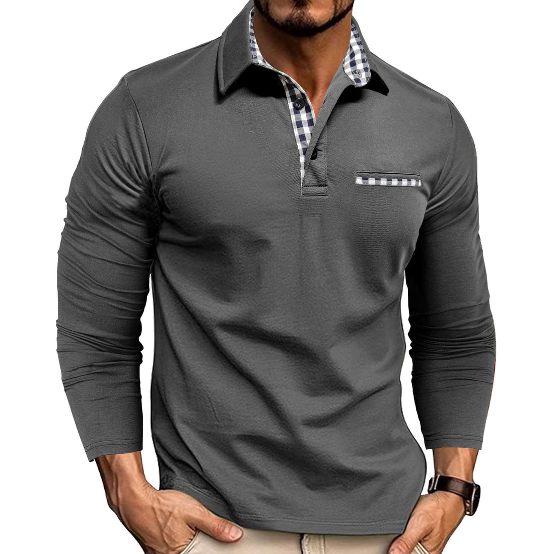 Casual Plaid Splicing Lapel Polo Shirt Fashion Solid Color Long Sleeve Top Men's Clothing - cas7m