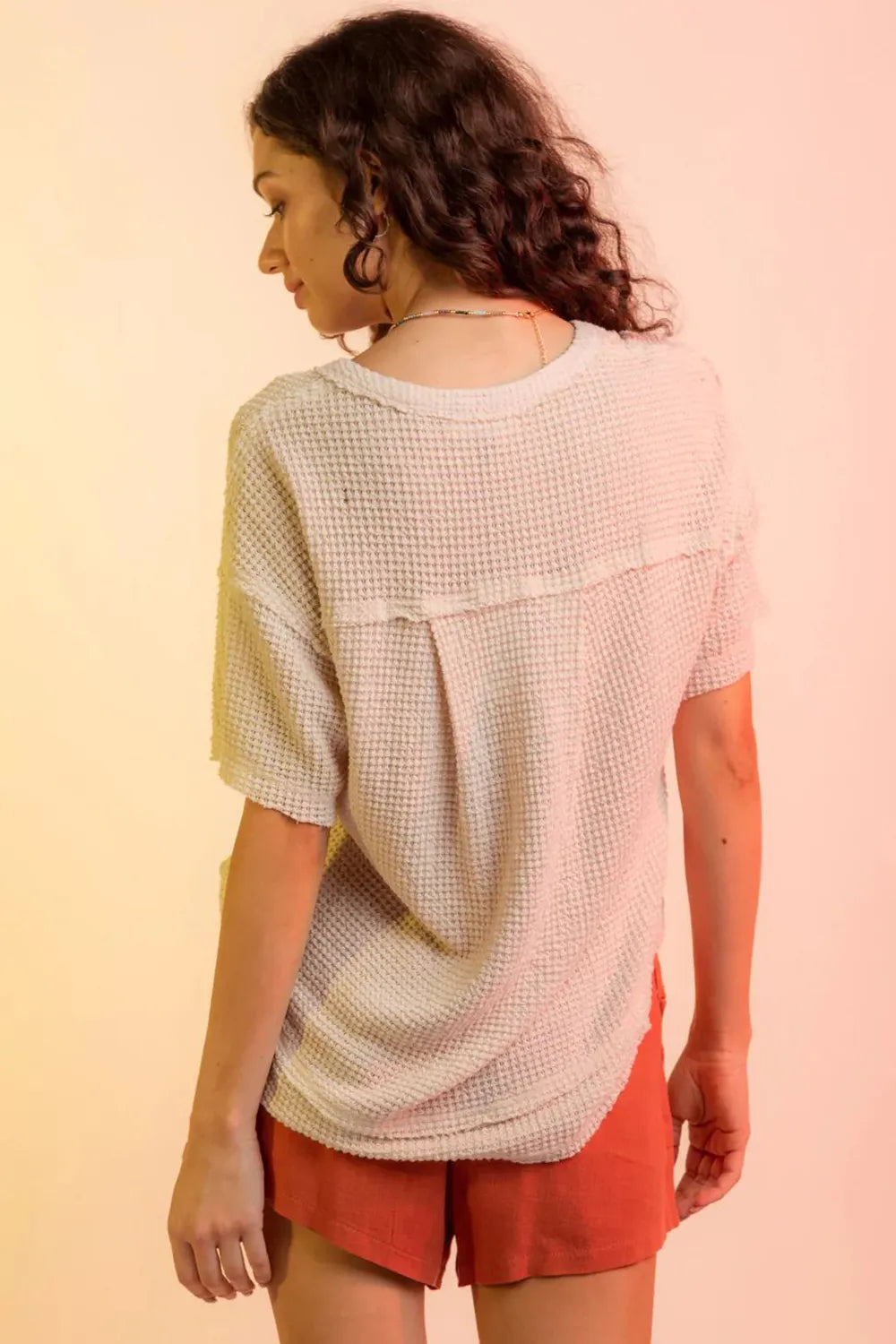 Waffle-Knit Notched Half Sleeve T-Shirt - cas7m