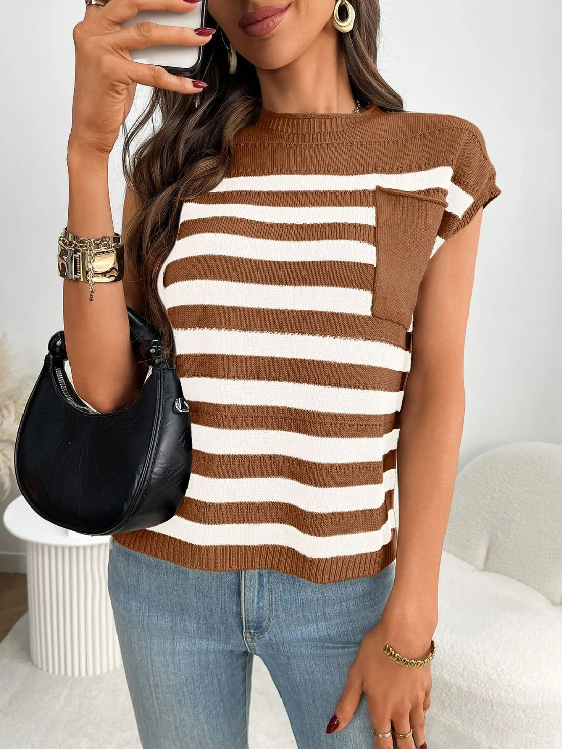 Striped Mock Neck Cap Sleeve Knit Top - cas7m
