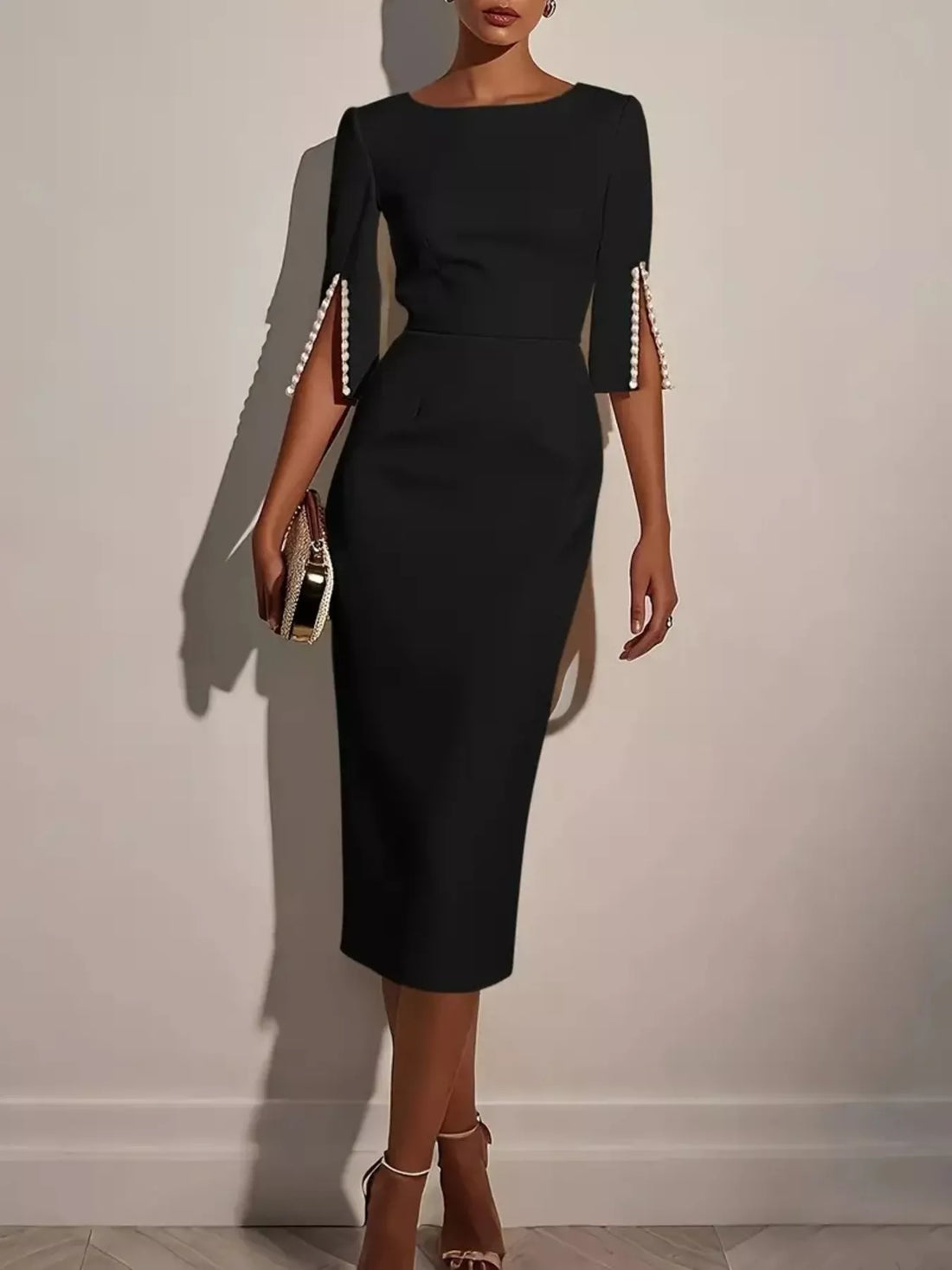 Slim-Fit Elegant Midi Dress with Beaded Slit Sleeve - cas7m