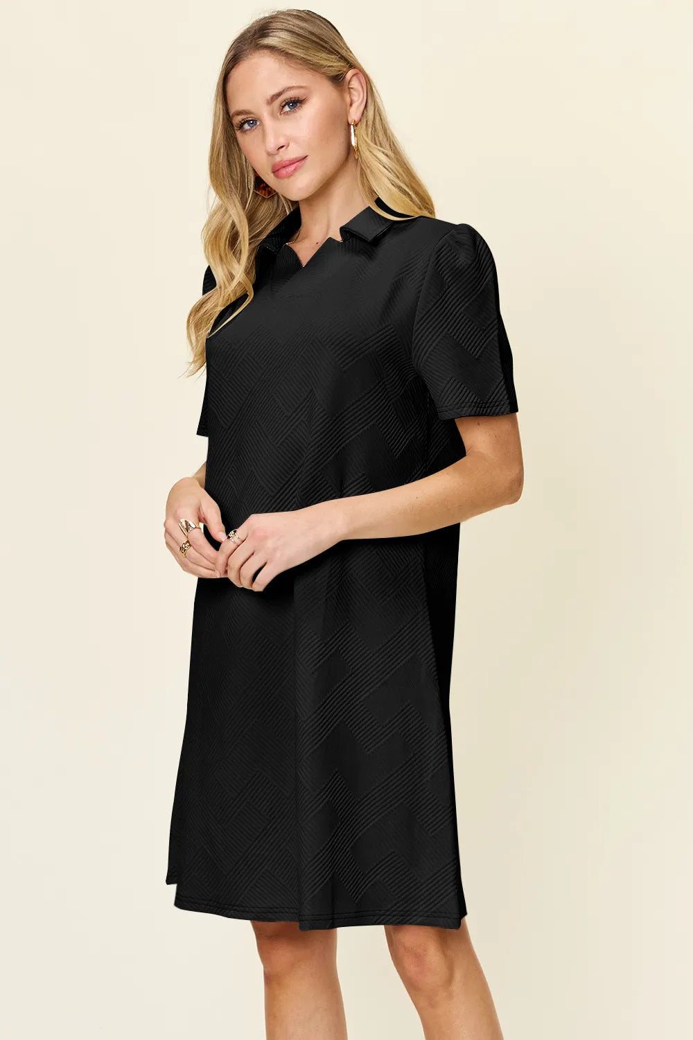 Double Take Full Size Texture Collared Neck Short Sleeve Dress - cas7m