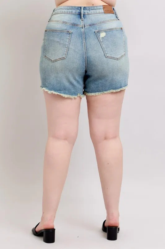 Judy Blue Plus Size High Rise Washed Fly Stitch Detail and Destroy Denim Shorts - cas7m