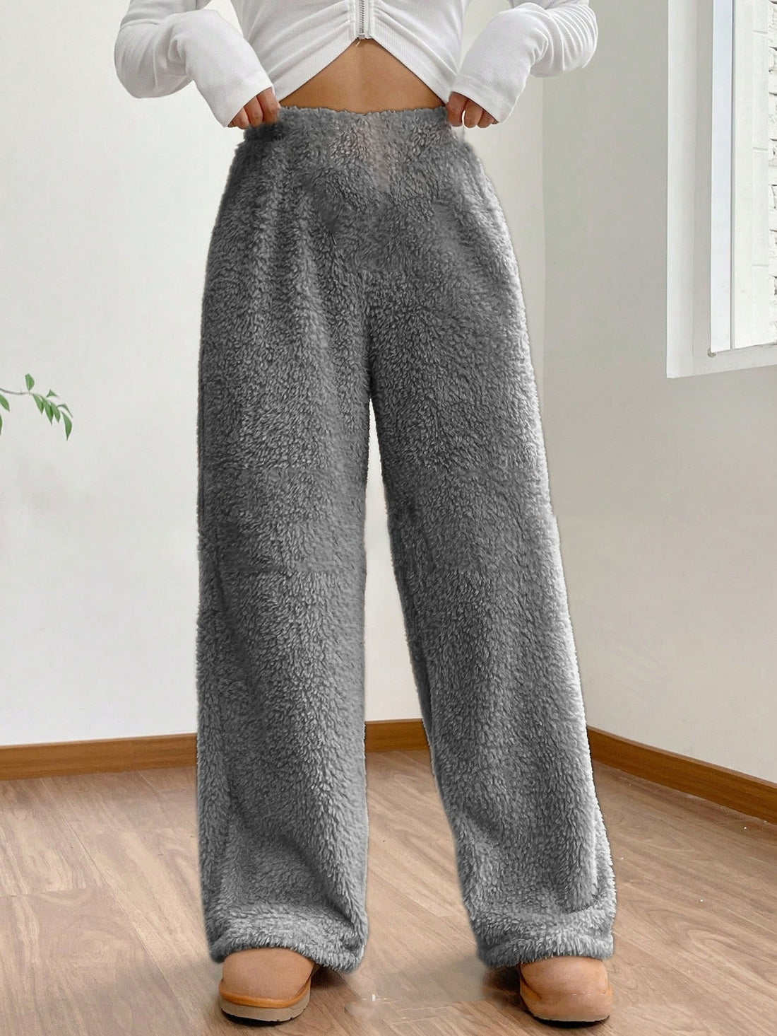 Women's Solid Color Loose Fleece Casual Pants - cas7m