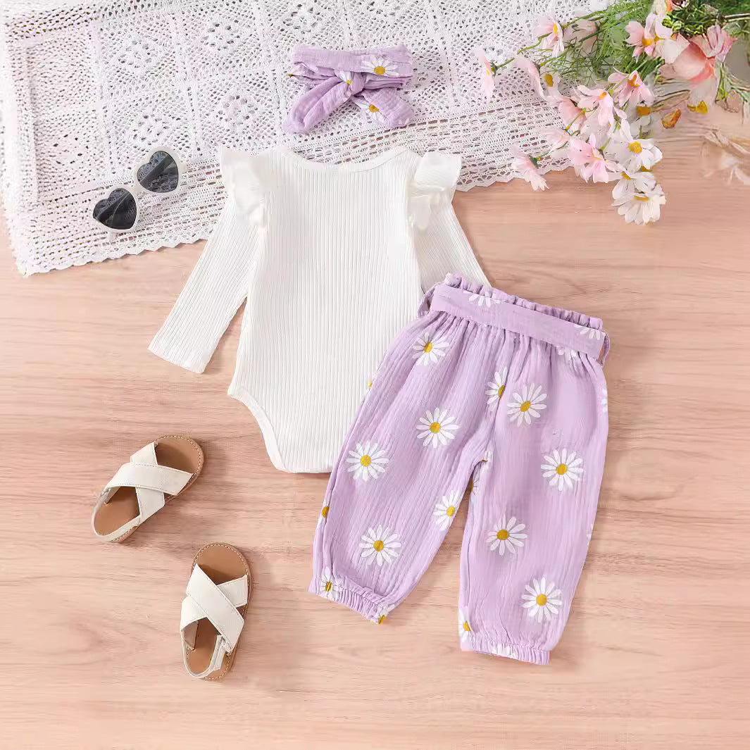 Ruffled Long-sleeve Bodysuit Paired With Matching Pants And A Bow Hair Accessory - cas7m