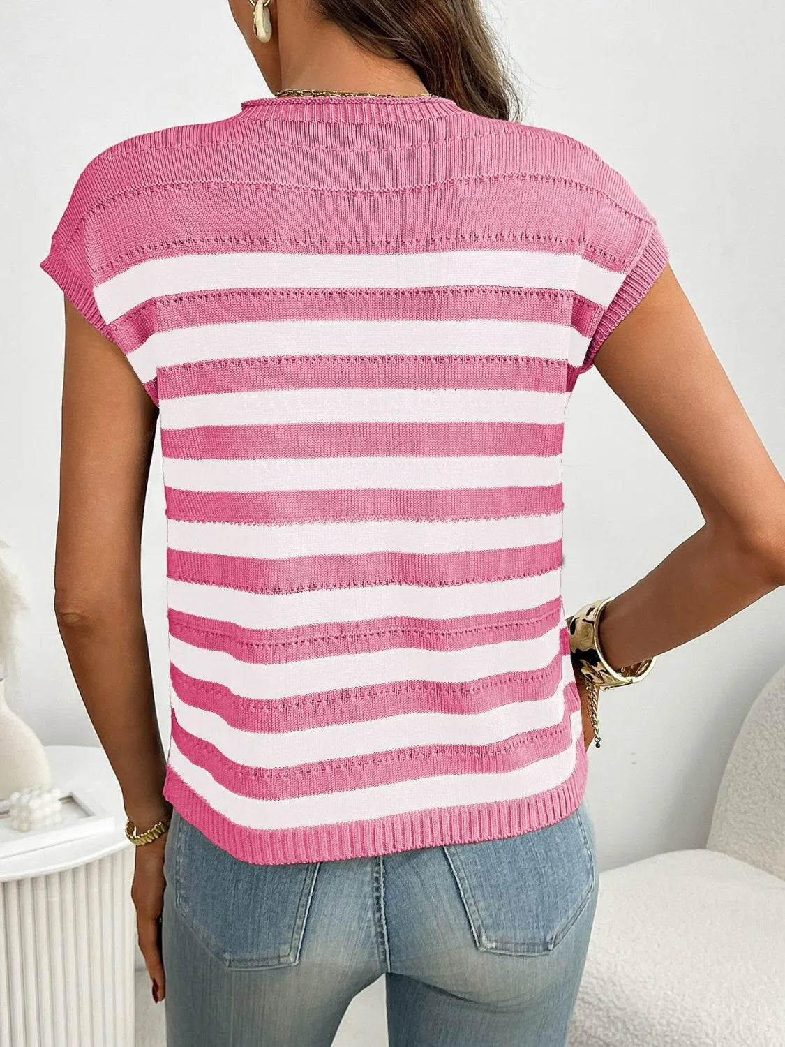 Striped Mock Neck Cap Sleeve Knit Top - cas7m