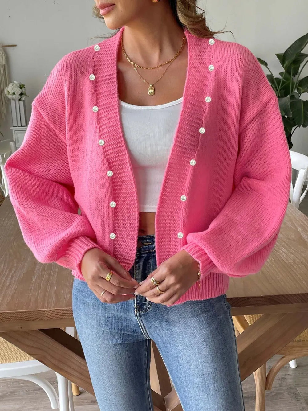 Pearl Open Front Long Sleeve Cardigan - cas7m