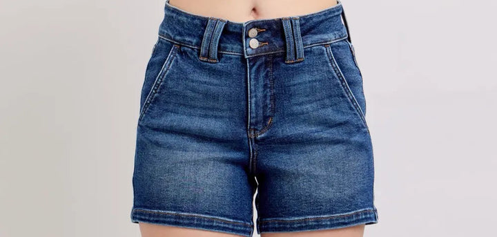 High-Waist Double-Button Denim Shorts - Stylish & Comfortable Fit - cas7m