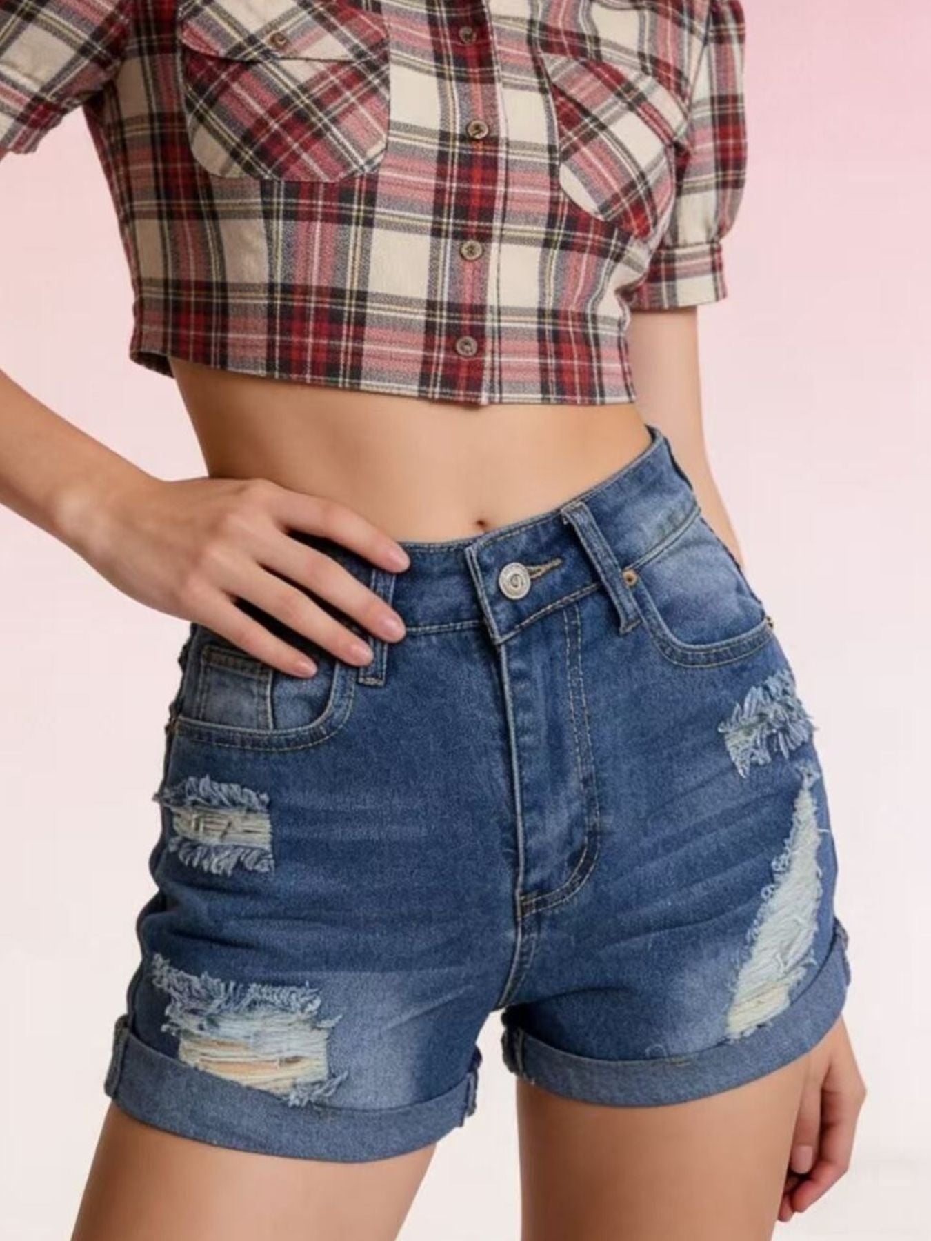 Distressed High-Waisted Denim Shorts - cas7m