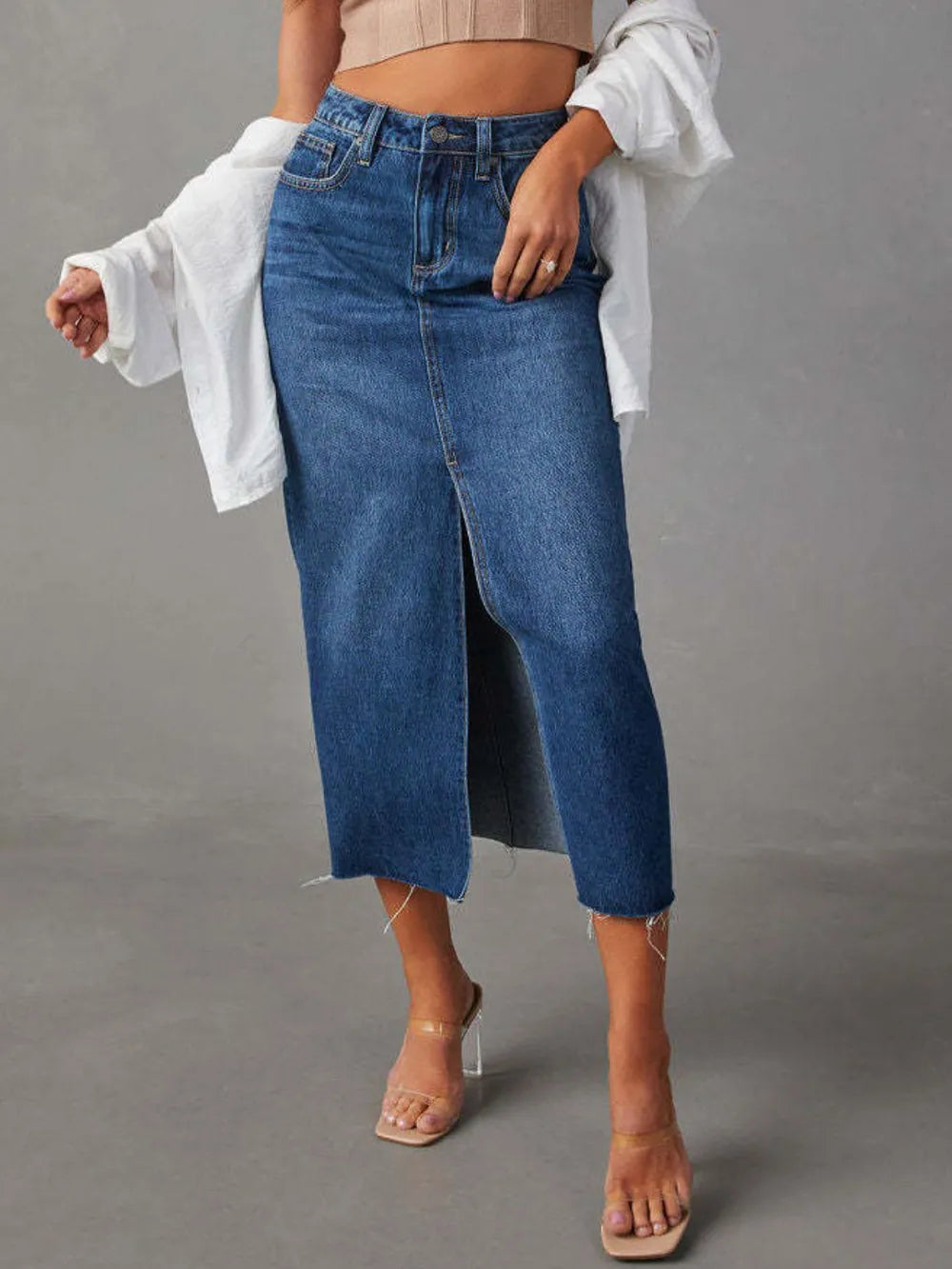 Raw Hem Front Slit Denim Midi Skirt - cas7m