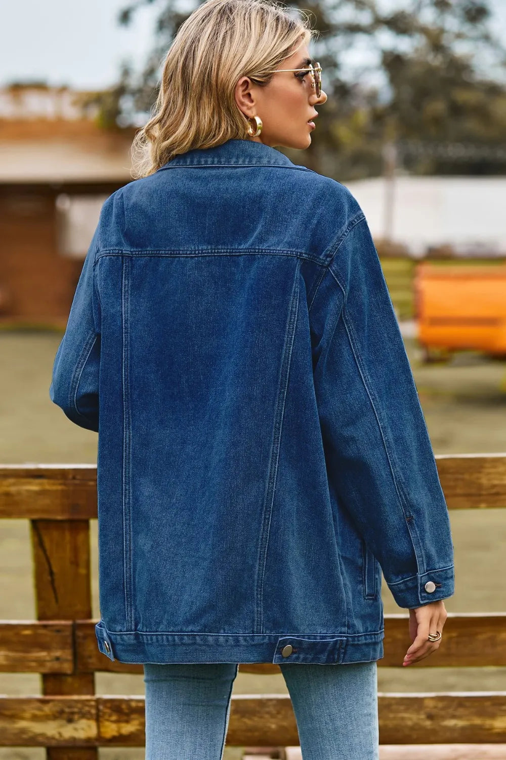 Buttoned Collared Neck Denim Jacket with Pockets - cas7m