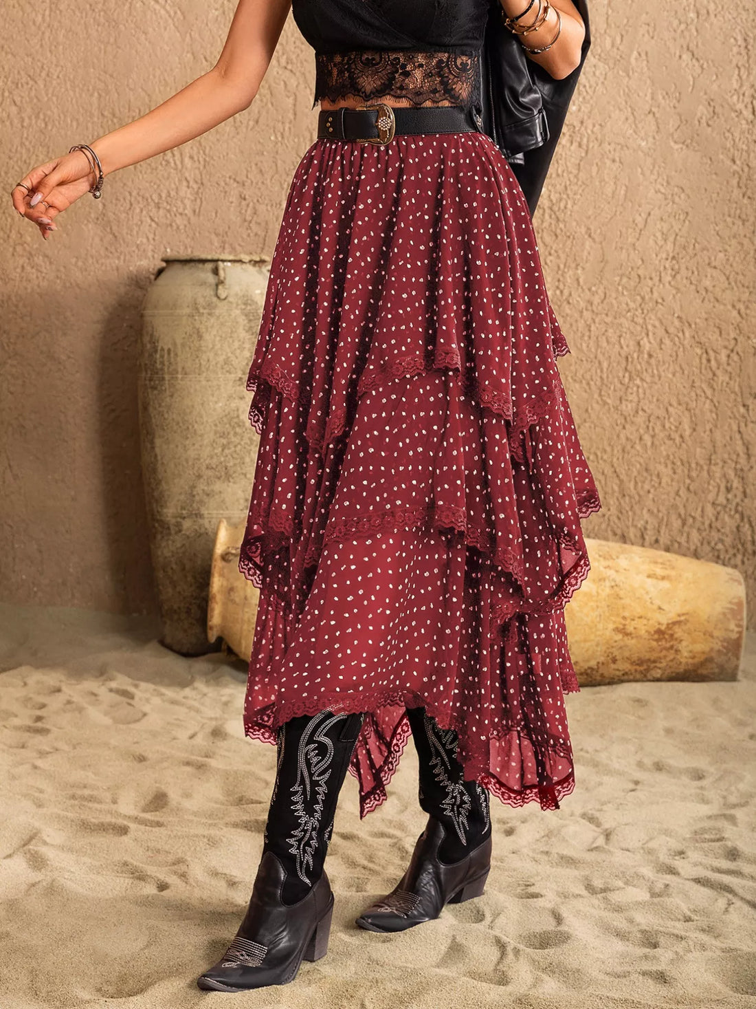 Lace Detail Layered Skirt - cas7m