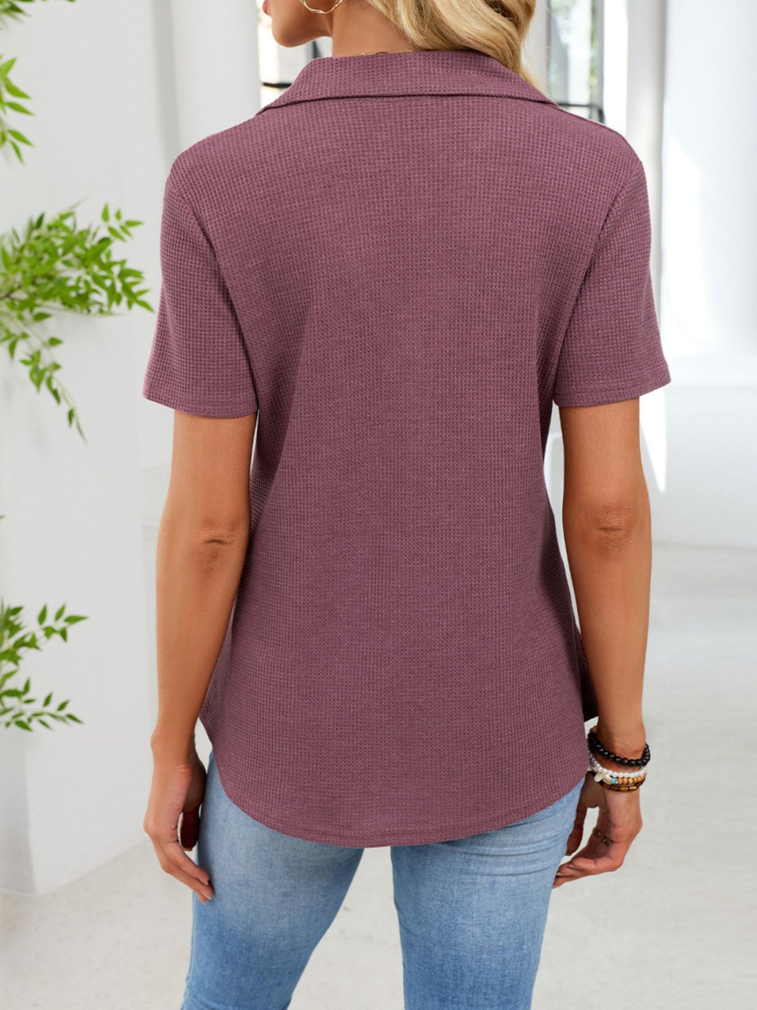 Waffle Knit Button Detail T-Shirt - cas7m
