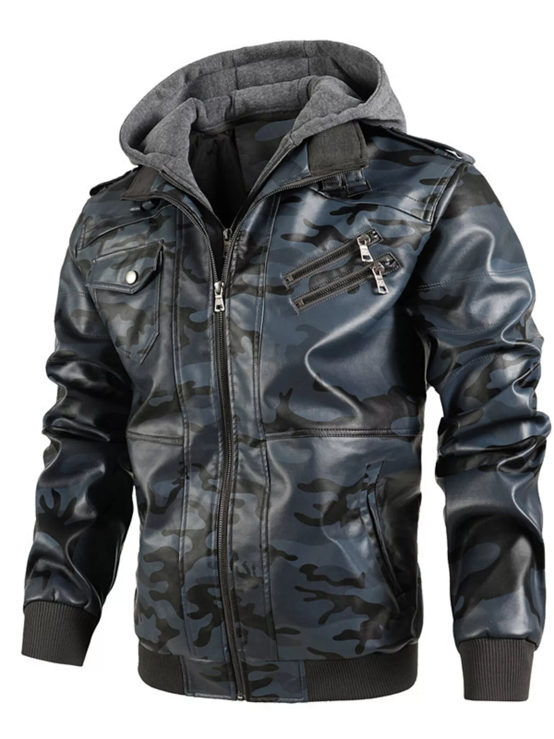 Men's Full Size Hooded Faux Leather Moto Jacket Plus Size - cas7m