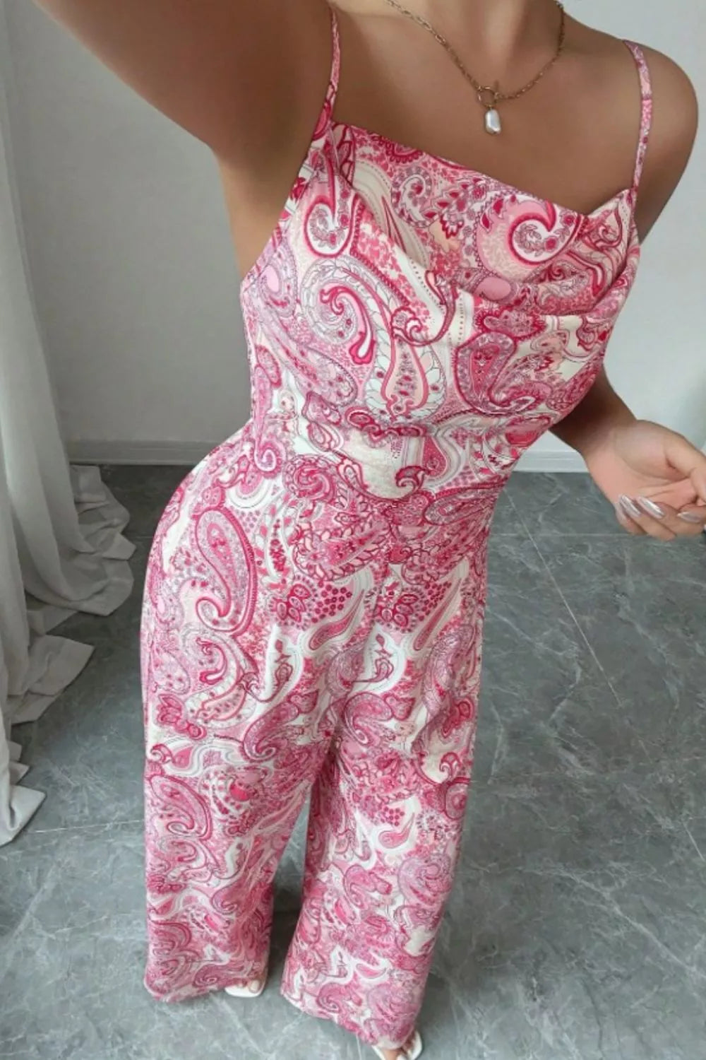 Paisley Print Wide Leg Jumpsuit - cas7m