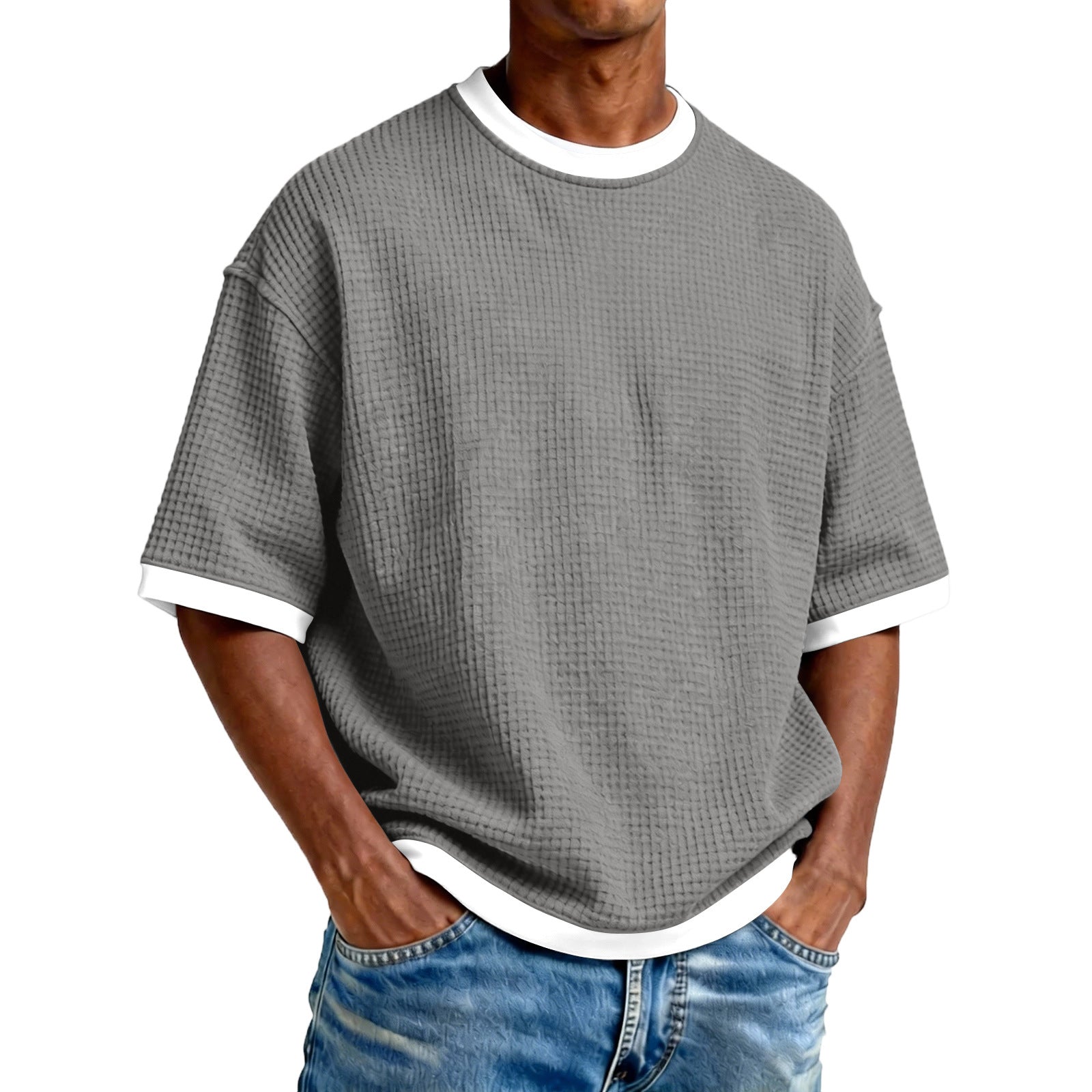 Men's Crew Neck Contrast Color Casual T-Shirt - Cotton Blend Lightweight Short Sleeve Top For Daily Wear - cas7m
