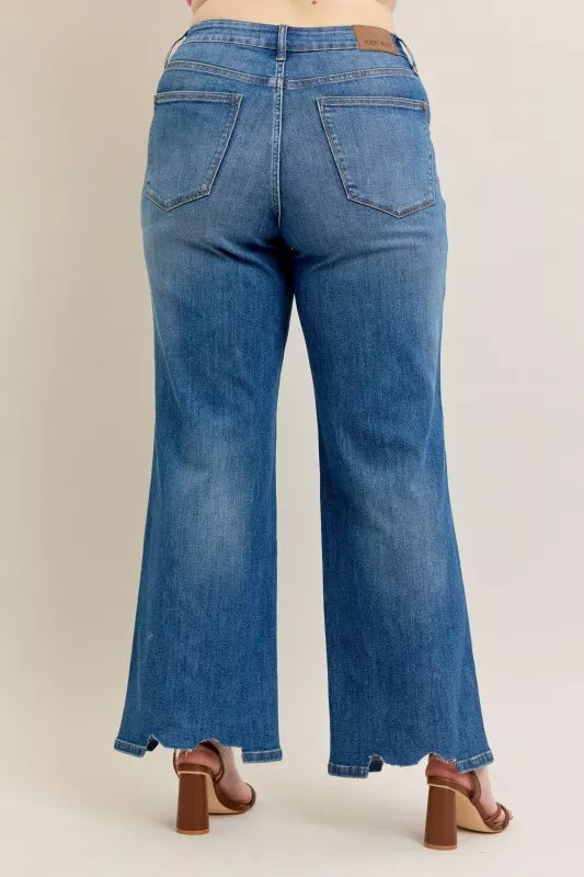 Judy Blue Full Size High Waist Tummy Control Chew Hem Destroy Wide Jeans Plus Size - cas7m