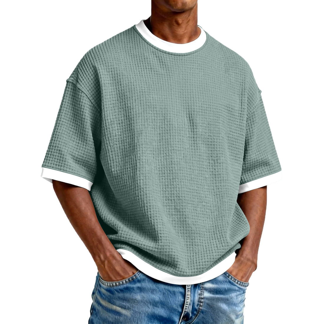 Men's Crew Neck Contrast Color Casual T-Shirt - Cotton Blend Lightweight Short Sleeve Top For Daily Wear - cas7m