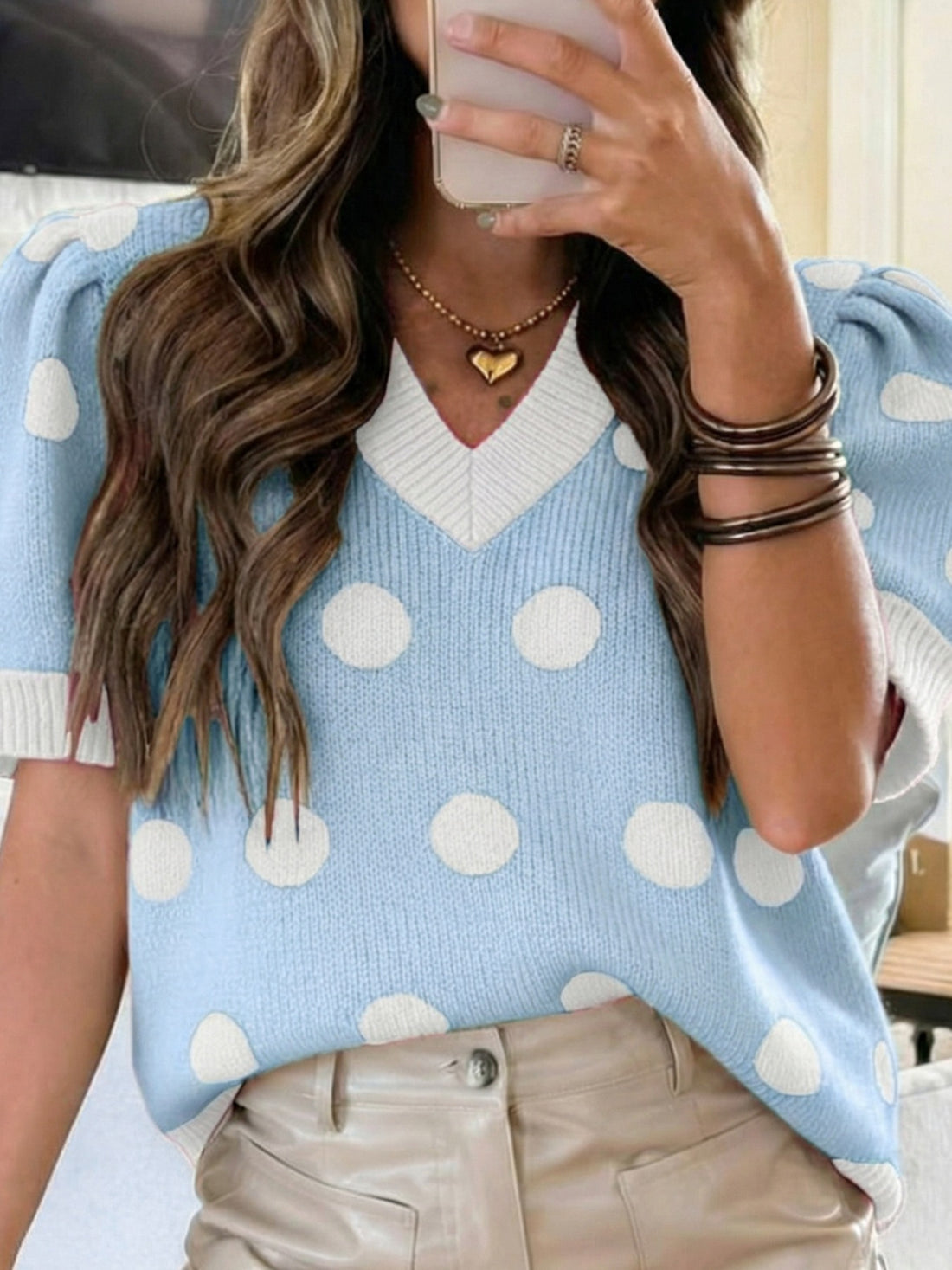 Polka Dot Puff Sleeve Sweater - cas7m