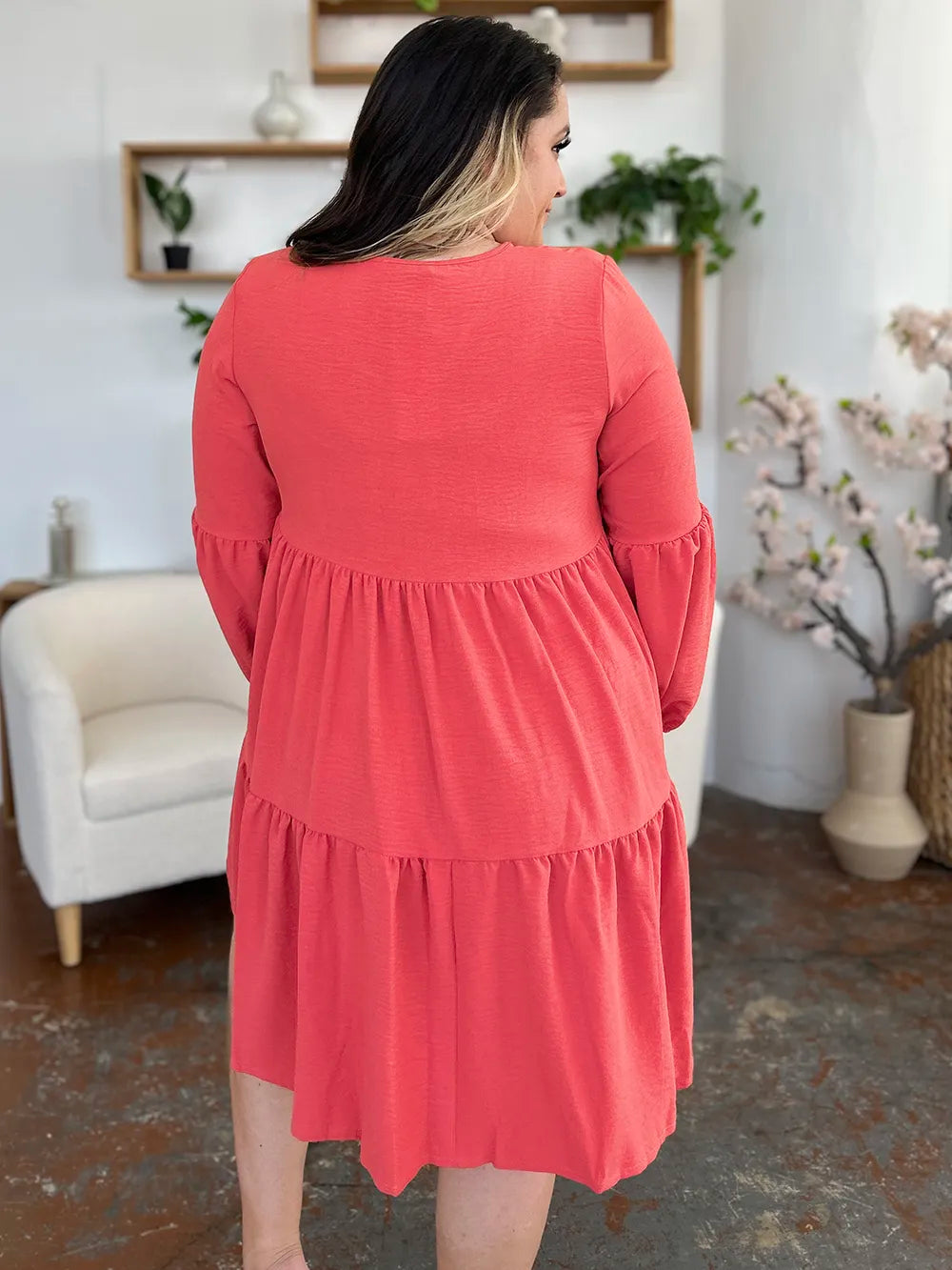 Double Take Full Size V-Neck Balloon Sleeve Tiered Dress with Pockets - cas7m