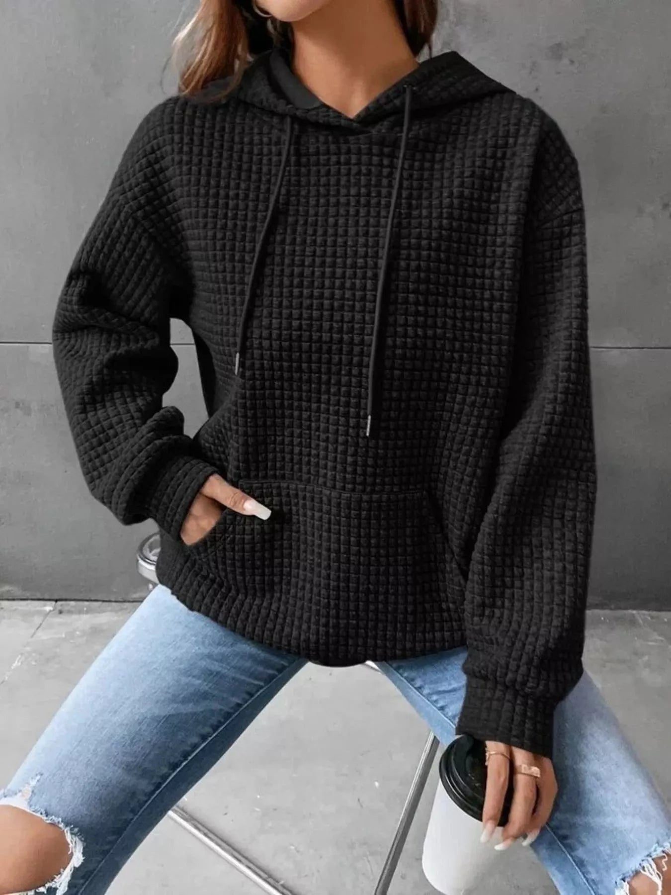 Full Size Textured Kangaroo Pocket Hoodie Plus Size - cas7m