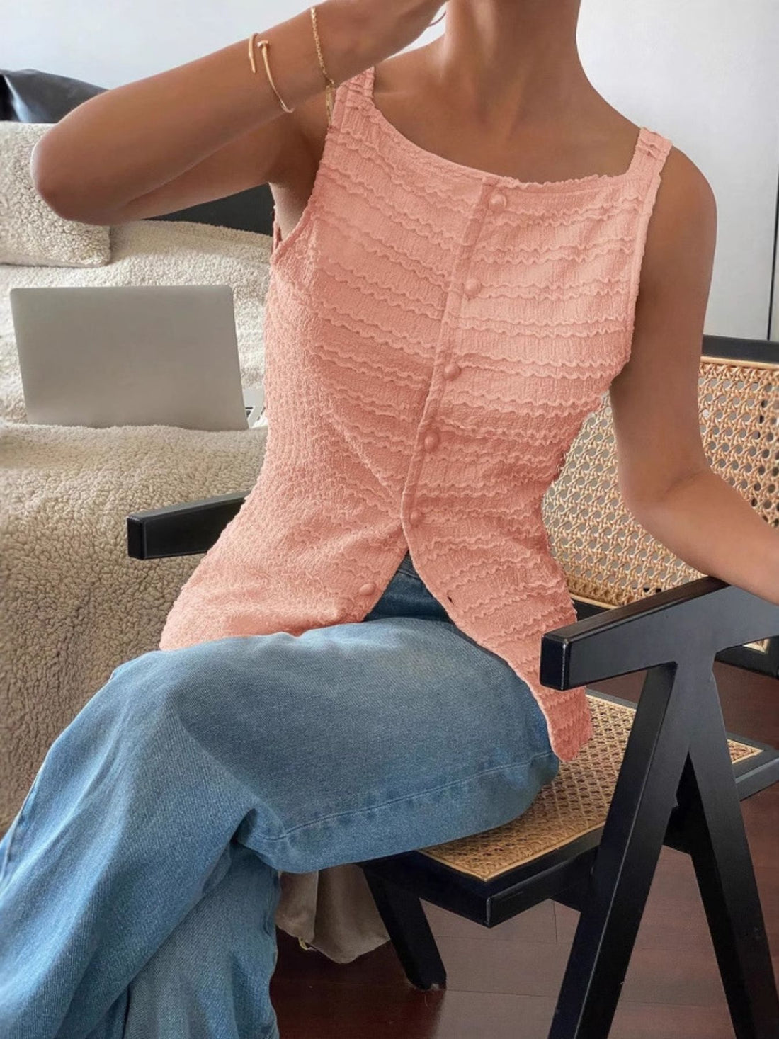 Textured Button-Front Tank - cas7m