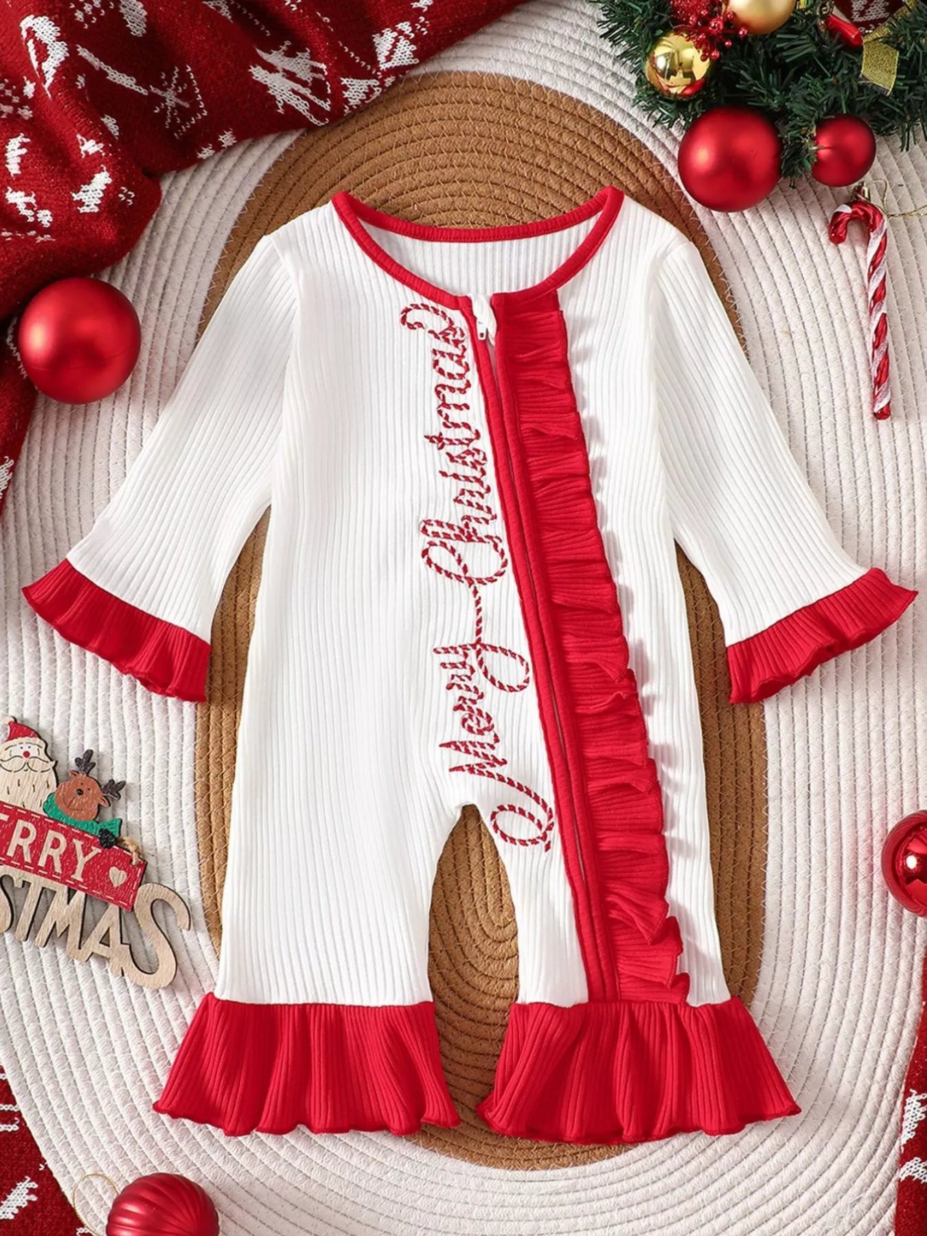 Children's Christmas Ruffle Trim Ribbed Jumpsuit - cas7m