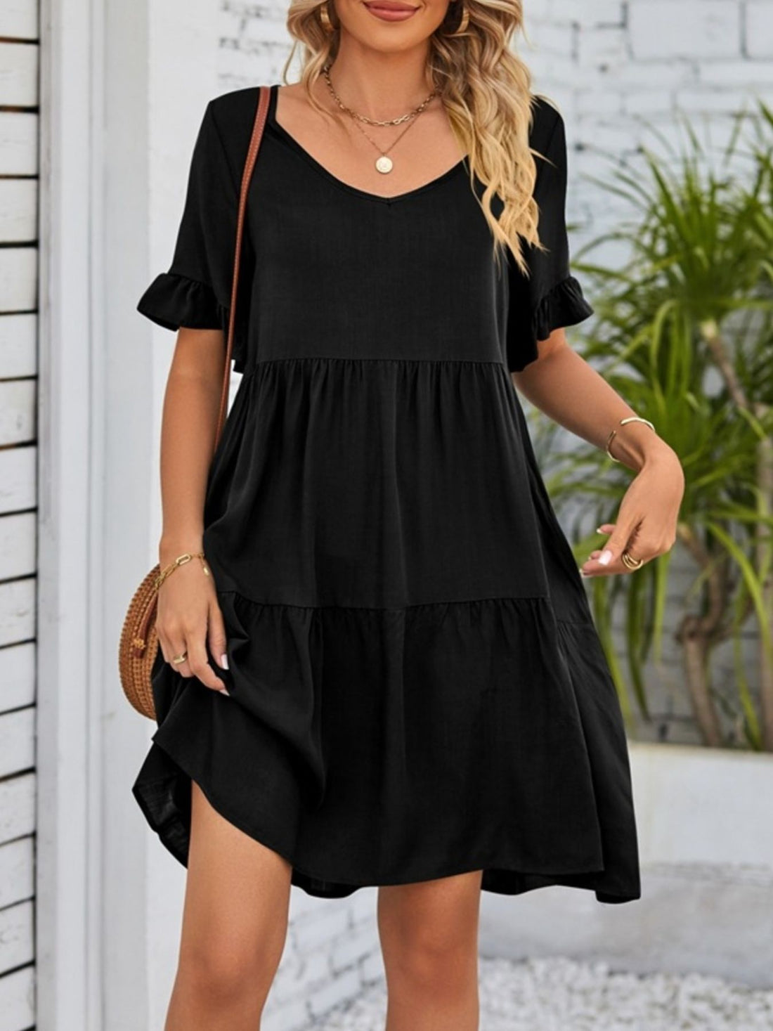 Ruffled Sleeve Tiered Mini Dress - cas7m