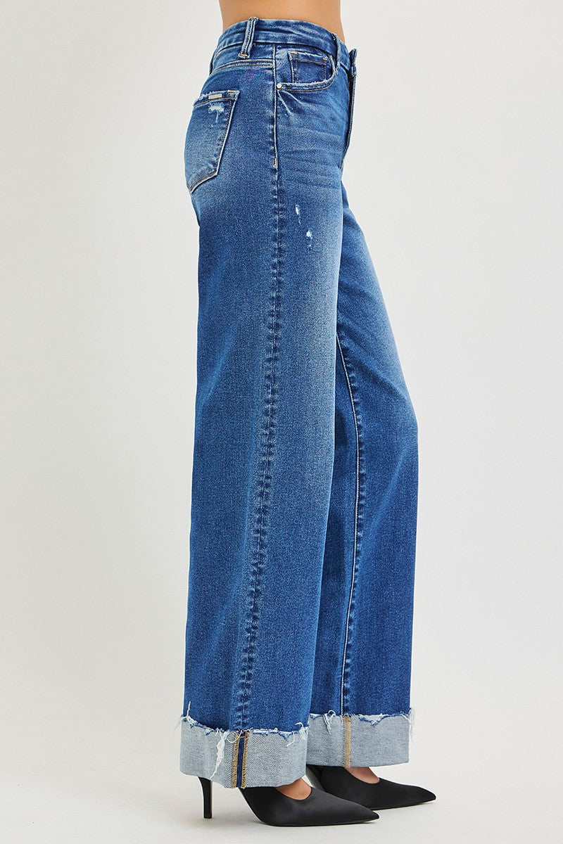 RISEN High Rise Wide Leg Jeans With Cuffed Hem - cas7m