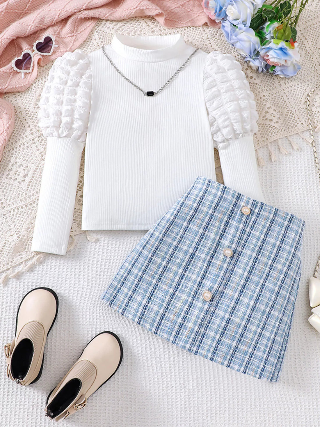 Children's Puff Sleeves Top and Plaid Skirt Set - cas7m