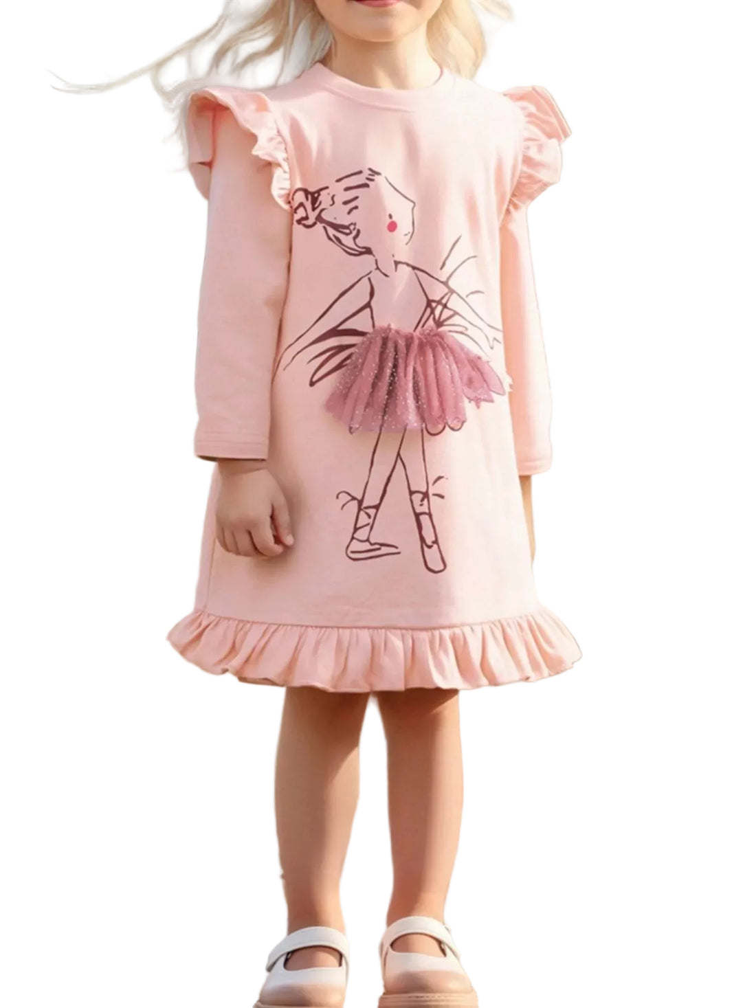 Children's Ruffle Trim Long Sleeve Dress - cas7m