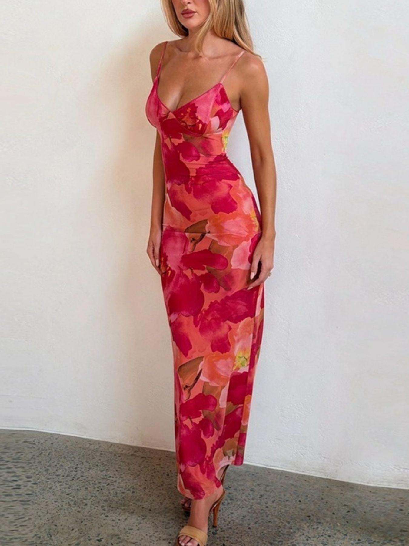 Floral Print Spaghetti Strap Bodycon Maxi Dress - cas7m