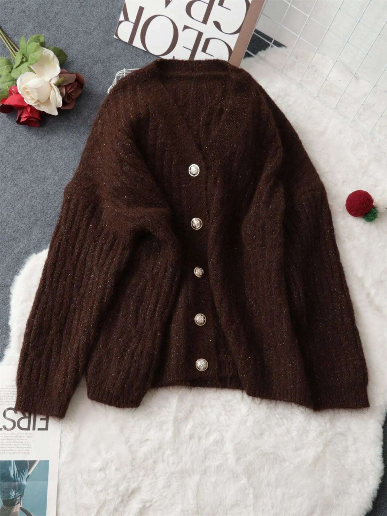 Cable Knit Button-Up Cardigan - cas7m