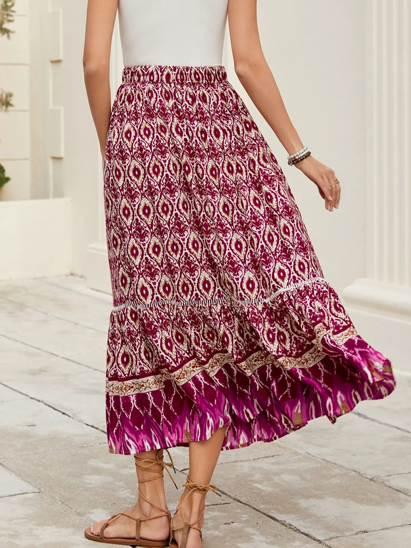 Bohemian Printed Ruched Maxi Skirt - cas7m