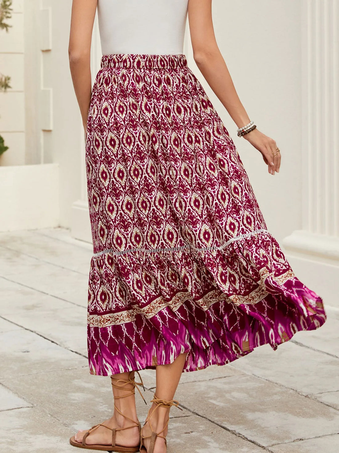 Bohemian Printed Ruched Maxi Skirt - cas7m