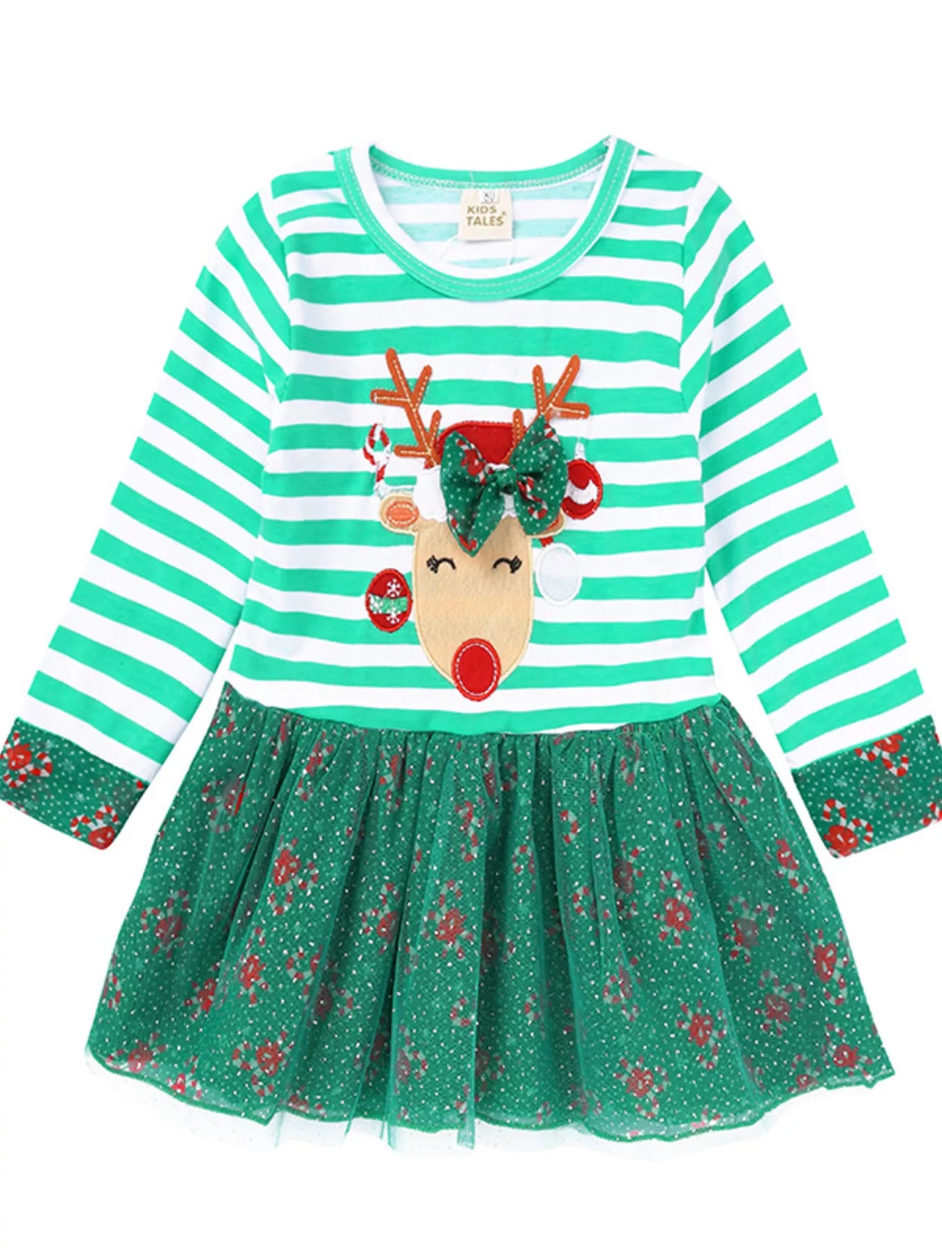Children's Christmas Reindeer Applique Striped Long Sleeve Dress - cas7m