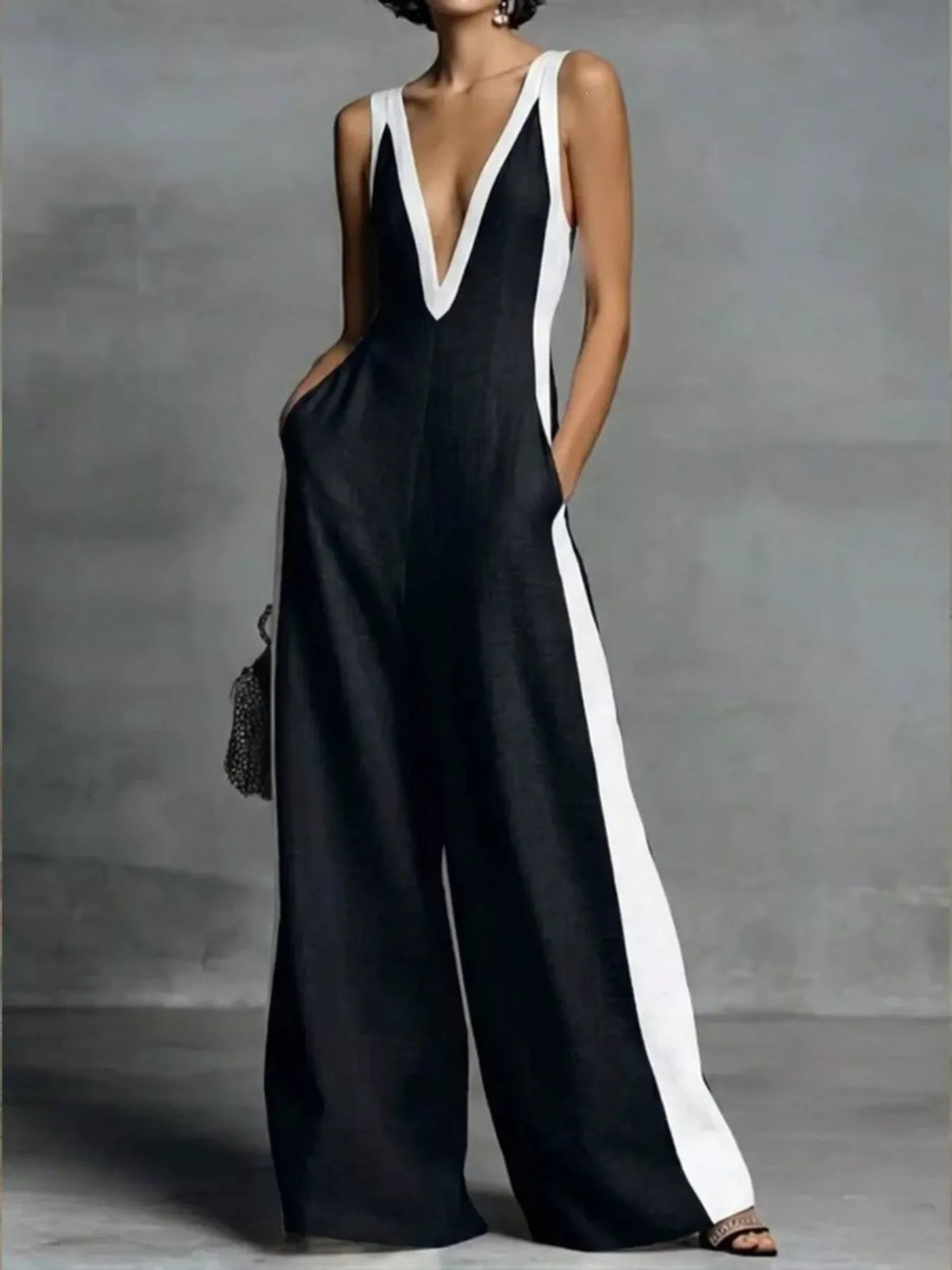 Contrast Trim V-Neck Jumpsuit - cas7m
