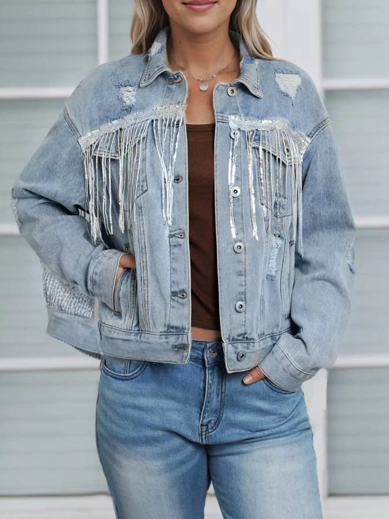 Fringed Sequin Embellished Denim Jacket - cas7m