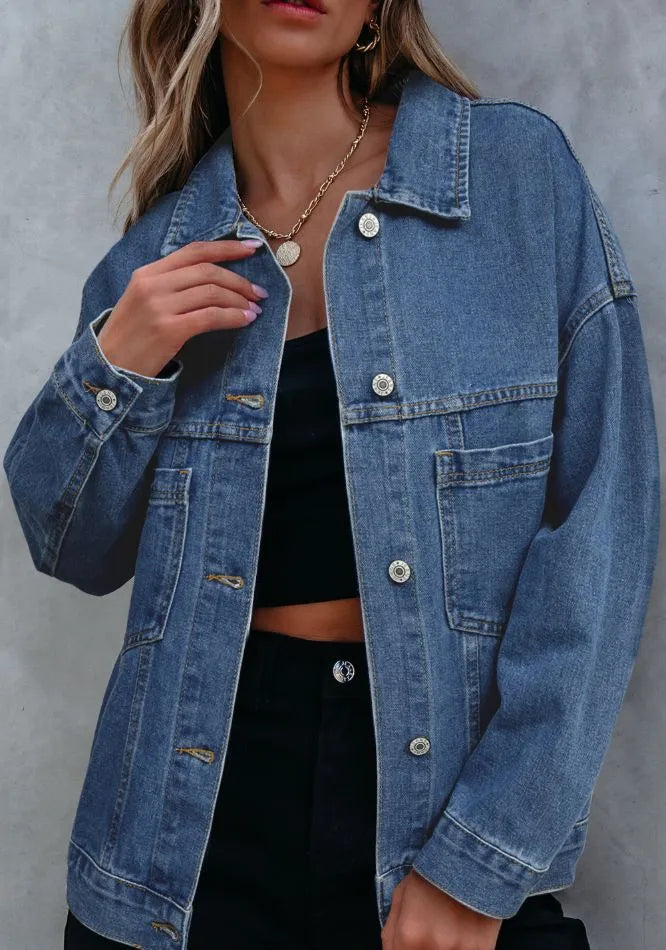 Pocketed Button Up Denim Jacket - cas7m