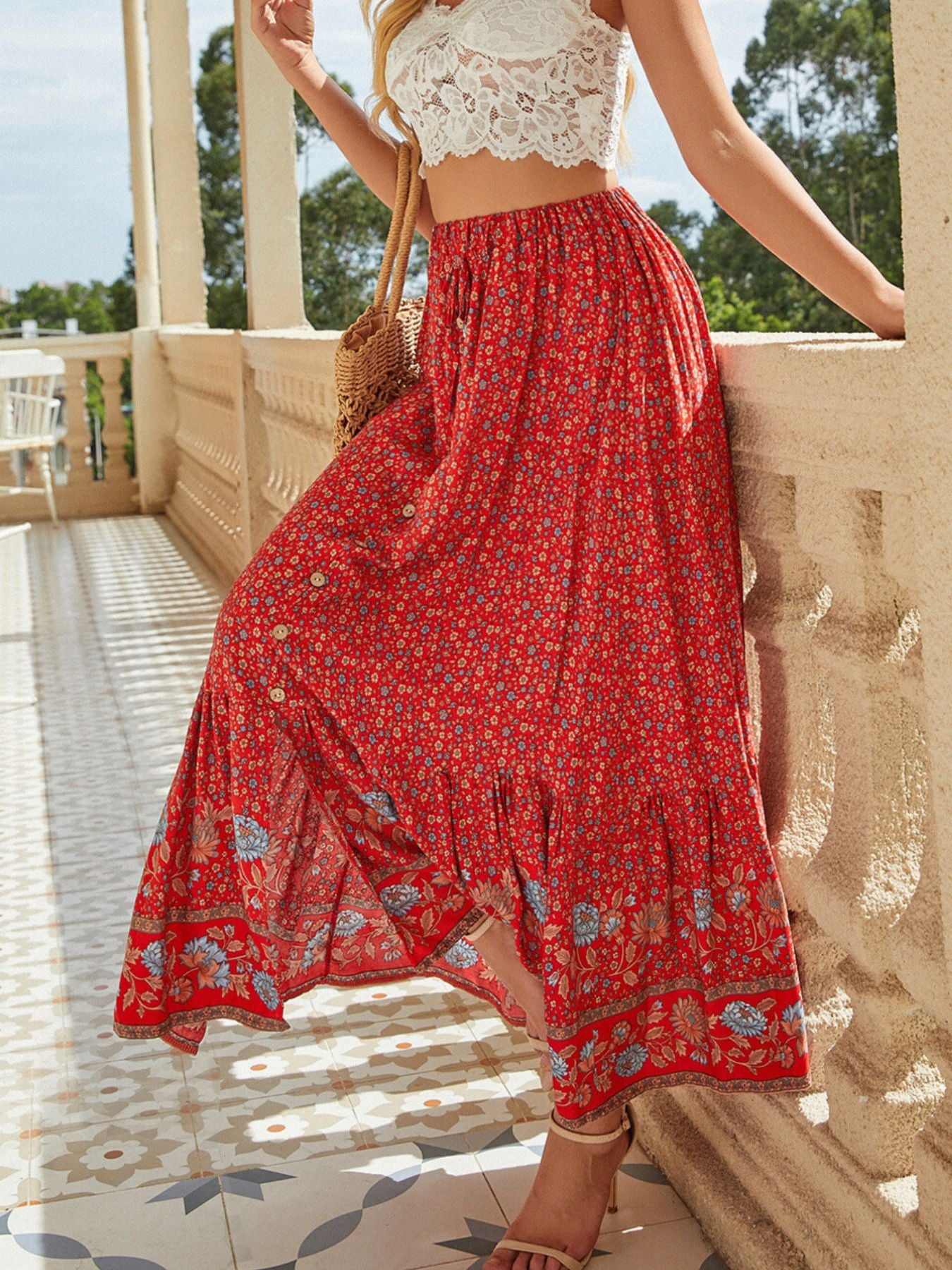 Floral Print Slit Skirt - cas7m