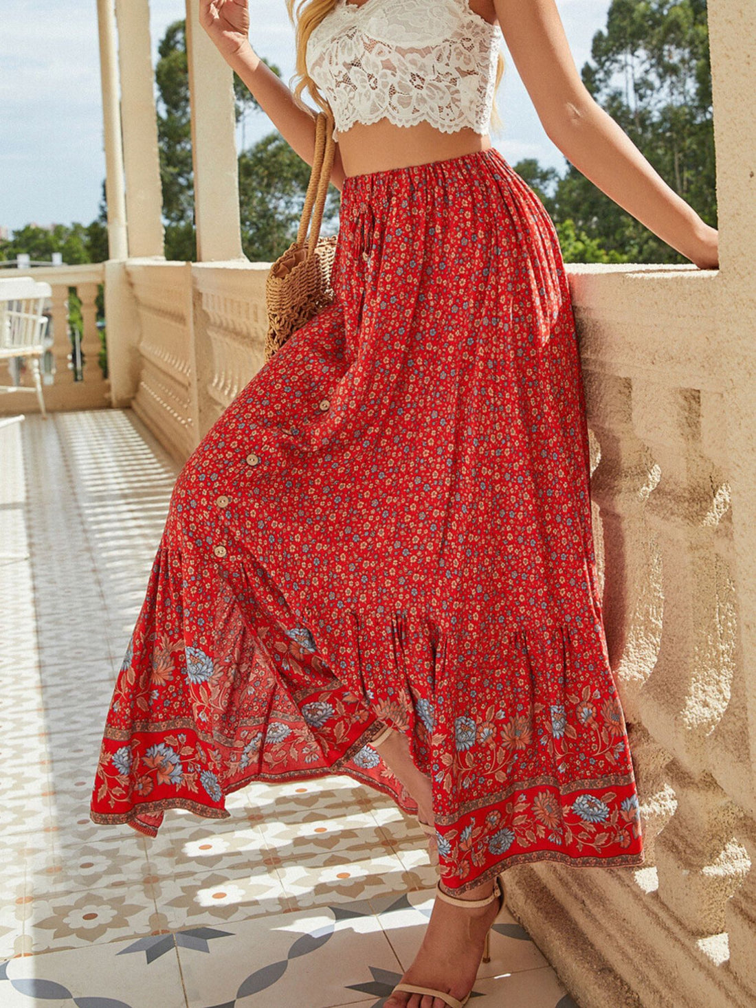 Floral Print Slit Skirt - cas7m