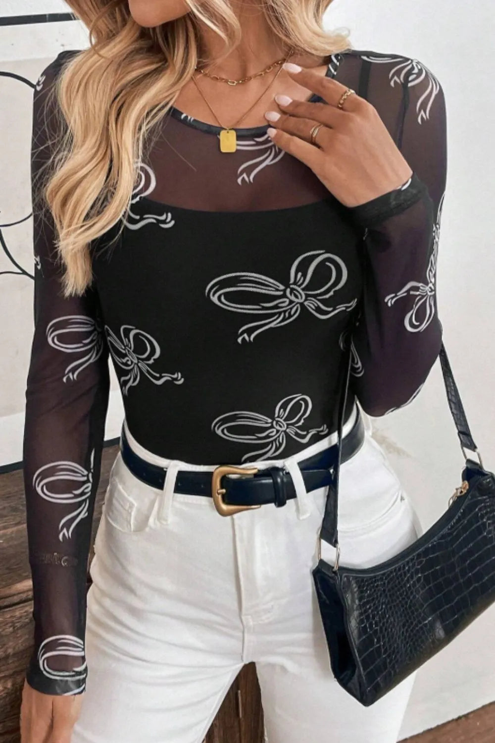 Bow Round Neck Long Sleeve Top - cas7m
